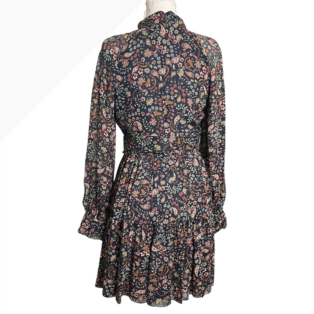 Nicholas Silk Floral Paisley Belted Mini Dress Navy Blue‎ Long Sleeve Size 4 - Picture 7 of 13